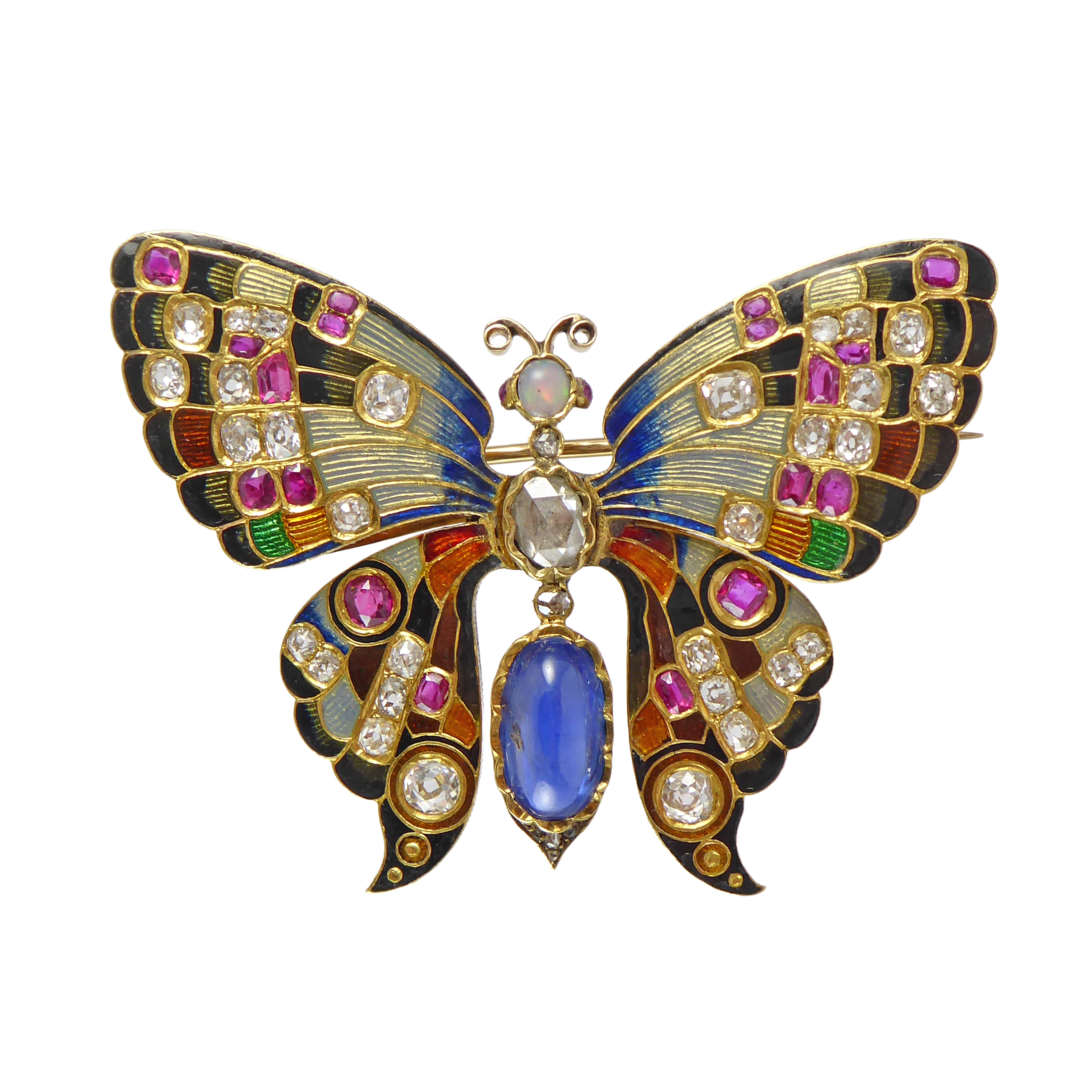 Late 19th century gold, coloured enamel, diamond, ruby and sapphire butterfly brooch, c.1890,